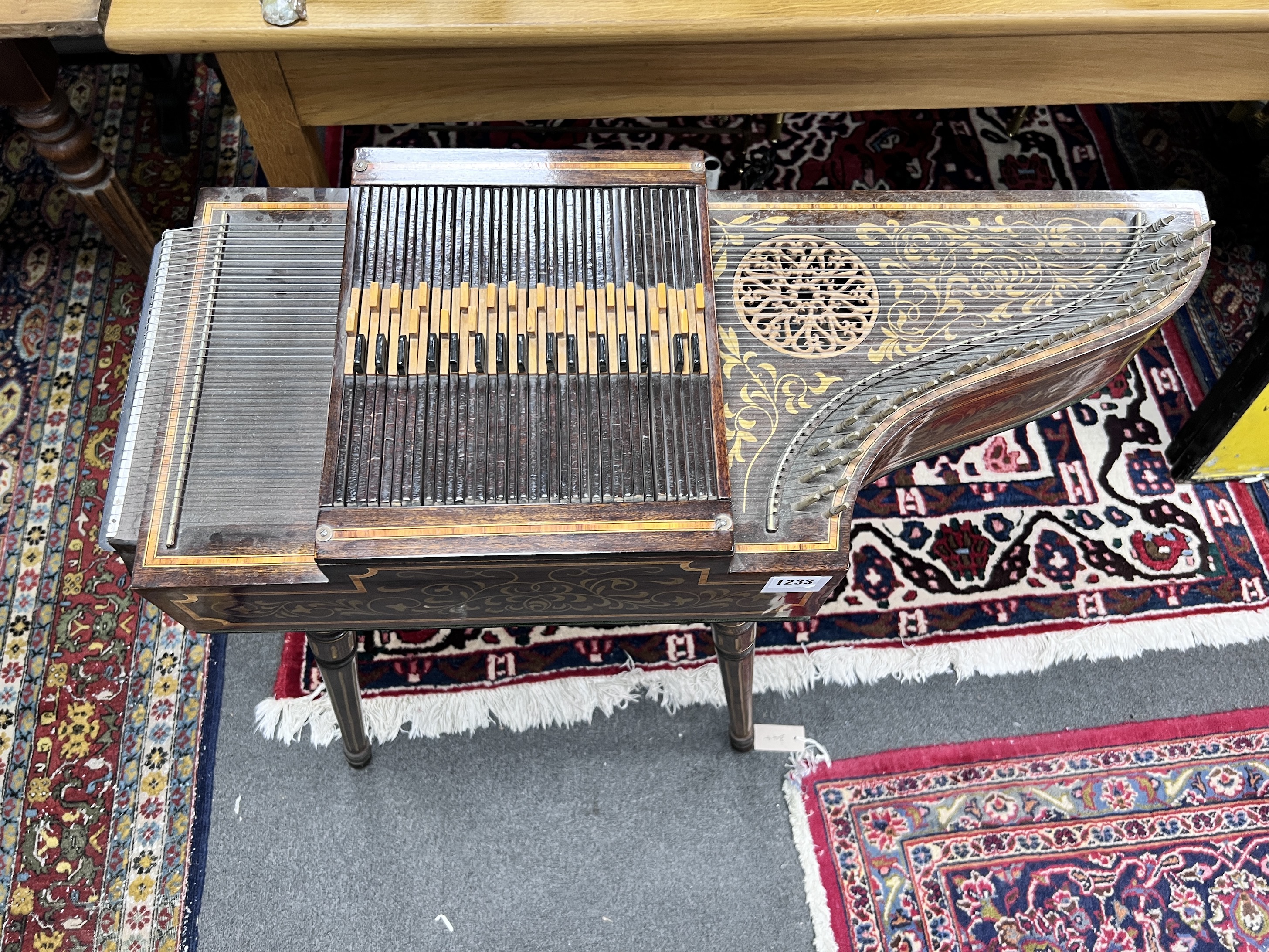 An inlaid mahogany and beech table top harpsichord, built by Peter Benjamin, width 79cm, height 84cm